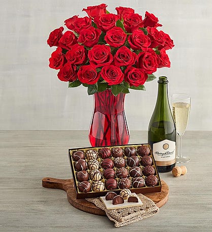 Two Dozen Red Roses, Chocolate Truffles, and Wine